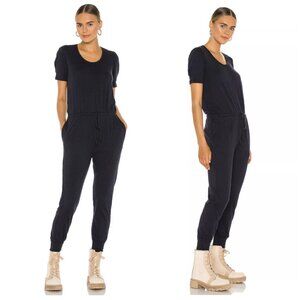 SUNDRY Puff Sleeve Jumpsuit Navy Blue Cotton Casual Soft Revolve size M Relaxed